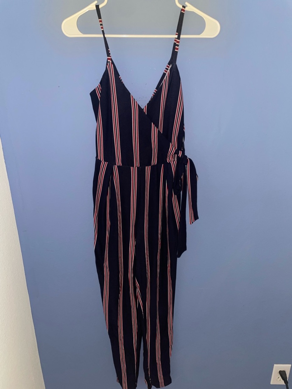 No Boundaries Navy Striped Wrap Jumpsuit with Pink Stripes